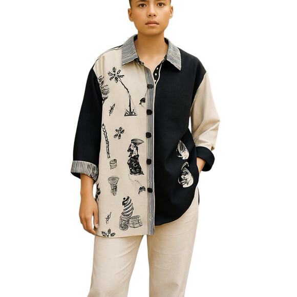 NWT Carole Tomkins THE BIG SHIRT Linen Mixed Kenya Lagenlook Art To Wear Plus 3X - Picture 1 of 11